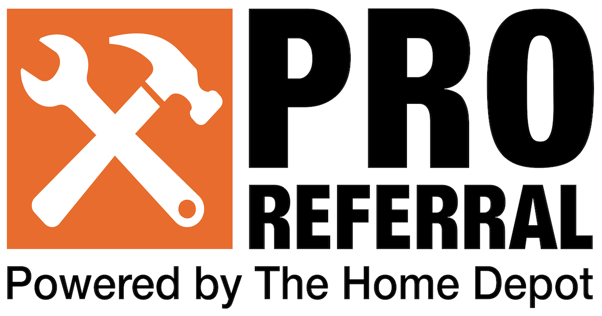 Logo with a crossed wrench and hammer in an orange square, next to the text "PRO REFERRAL Powered by The Home Depot.