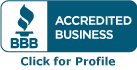 BBB Accredited Business logo with the text Click for Profile and the Better Business Bureau torch symbol on a blue and white background.